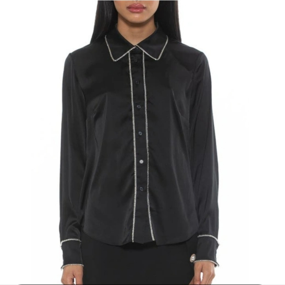 🖤Rachel Zoe Rhinestone Trim Black Long Sleeve Blouse